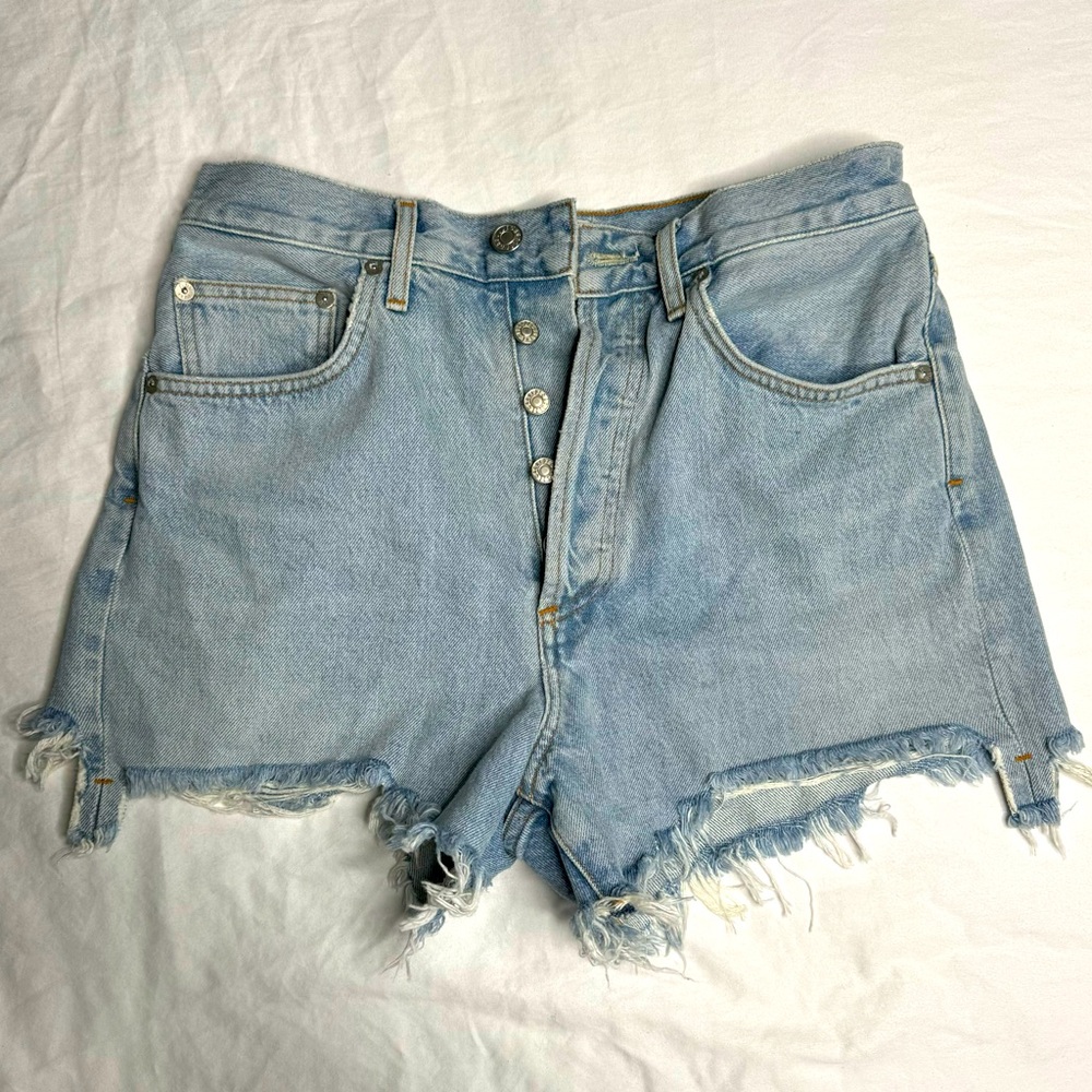 Agolde Button Fly Light Wash Raw Hem Distressed Jean Shorts Size 28